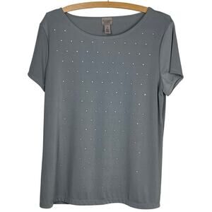 Chico's Easywear Grey Short Sleeve Stretchy Tee w Sparkly Rhinestones Sz 1  M/8